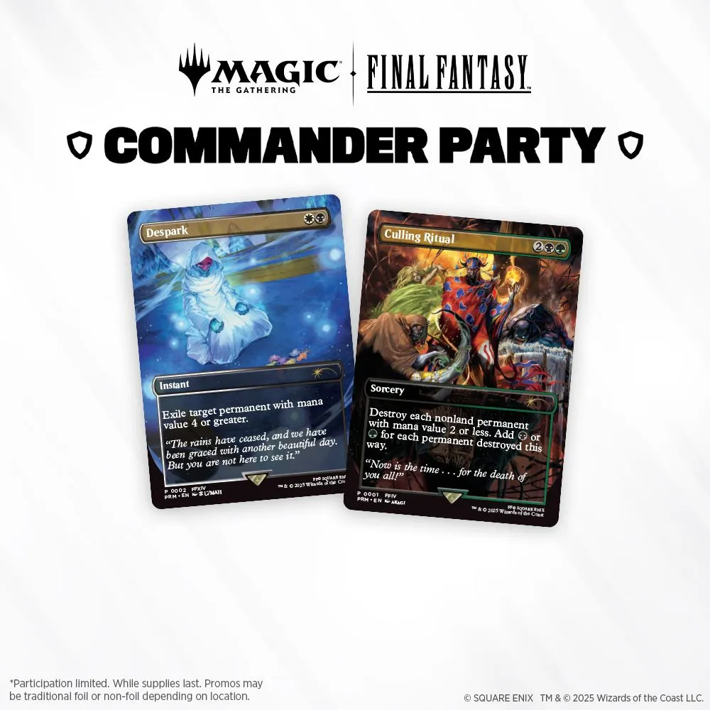 <p>👑 Commander Party в Palena Games!</p><p>📅 Дата: 21 июня</p><p>🕚 Начало в 11:00</p><p>💸 Стоимость участия: 0</p><p>📲 Код для входа в Magic Companion: V24M7YP</p><p>👥 Количество участников: до 16</p><p>🎁 Призы:</p><p>– Все участники получат промо-карту Culling Ritual (пока есть в наличии)</p><p>– Победитель заберет 1 бустер Final Fantasy</p><p>⚠️ Условия: допускаются только precon колоды без game changer карт.</p><p>Ждём всех на вечеринку командиров!</p><p>—</p><p>👑 Commander Party la Palena Games!</p><p>📅 Data: 21 iunie</p><p>🕚 Începere la ora 11:00</p><p>💸 Participare: gratuită</p><p>📲 Cod de intrare în Magic Companion: V24M7YP</p><p>👥 Număr de participanți: până la 16</p><p>🎁 Premii:</p><p>– Toți participanții primesc o carte promoțională Culling Ritual (în limita stocului disponibil)</p><p>– Locul 1 primește 1 booster Final Fantasy</p><p>⚠️ Regulament: sunt permise doar deckuri precon fără game changer.</p><p>Vă așteptăm la petrecerea comandanților!</p>
